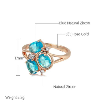 Fine Blue AAA Zircon Crystals Hollow Geometry Flower Filled 14K Rose Gold Ethnic Rings - Vintage Wedding Jewellery